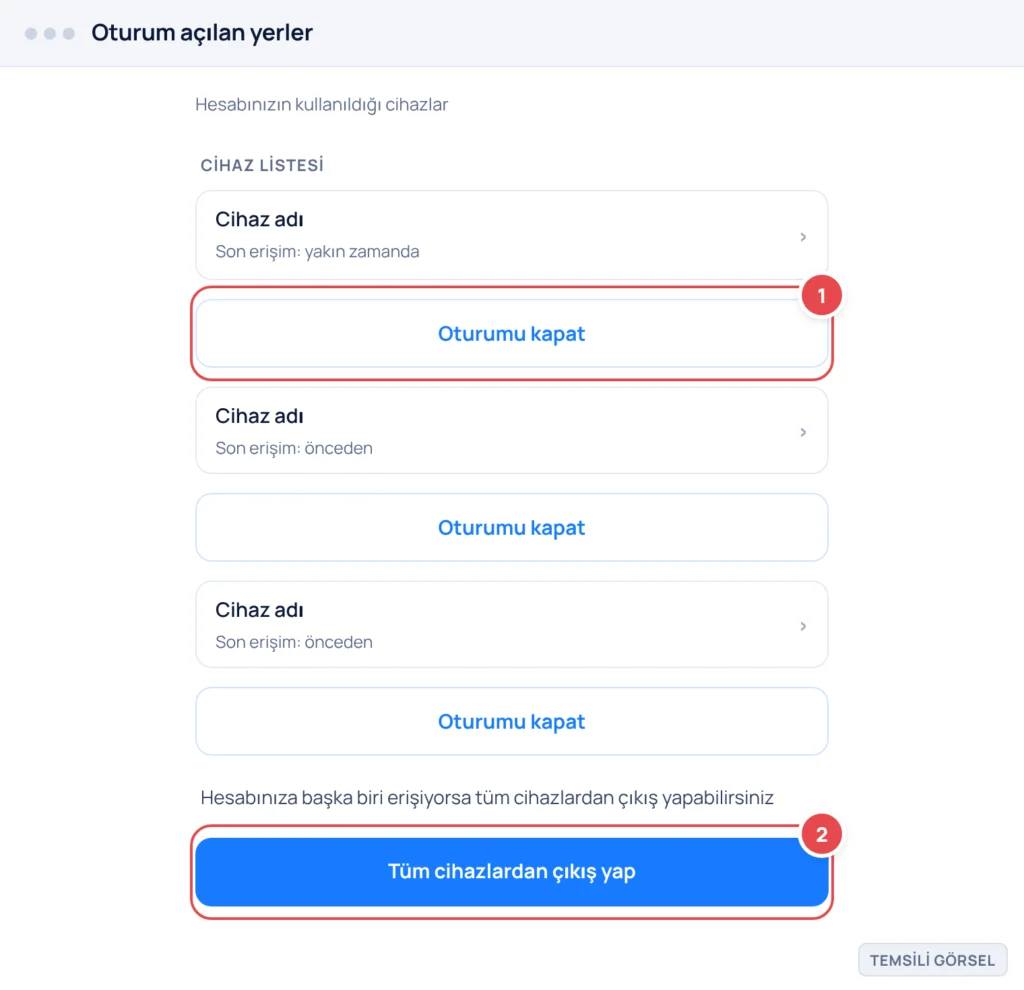 Temsili görsel: Netflix hesabı Oturum açılan yerler ekranı; cihaz satırları ve her birinin yanında Oturumu kapat bağlantısı, sayfa altında Tüm cihazlardan çıkış yap seçeneği listelenmiş; işaretli: 1.