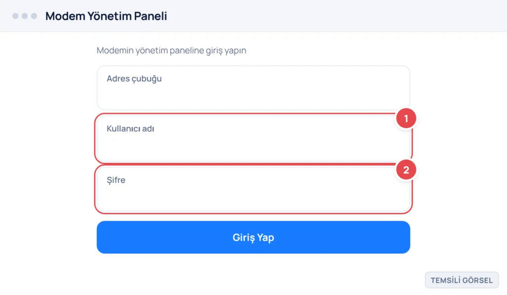 Temsili görsel: Modem yönetim paneli giriş ekranı; adres çubuğunda IP adresi yazılı, altında kullanıcı adı ve şifre giriş kutuları ve Giriş Yap düğmesi görünüyor; işaretli: 1. Adres çubuğu, 2. Kullanı