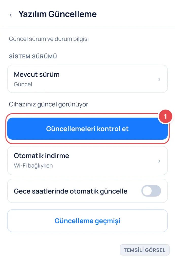 Temsili görsel: Yazılım Güncelleme ekranı; işaretli: 1. Güncellemeleri kontrol et düğmesi