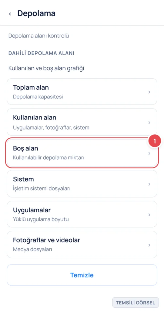 Temsili görsel: Ayarlar içindeki Depolama ekranı; toplam, kullanılan ve boş alanın kategorilere göre listelendiği bir görünüm; işaretli: 1. Boş alan satırı