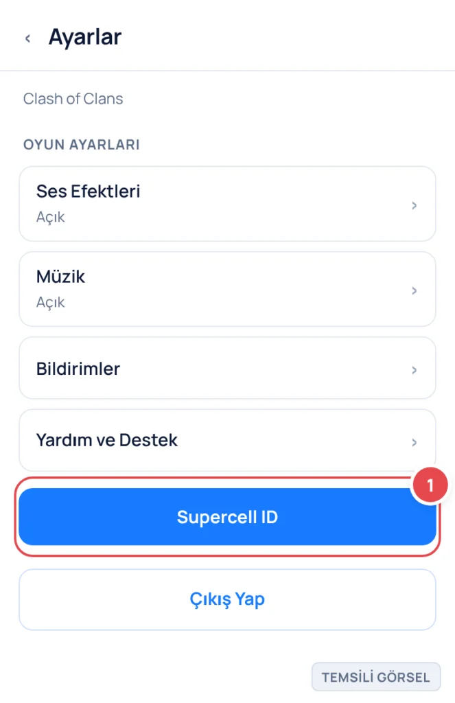 Temsili görsel: Oyun ayarları penceresi ekranı; işaretli: 1. Supercell ID butonu