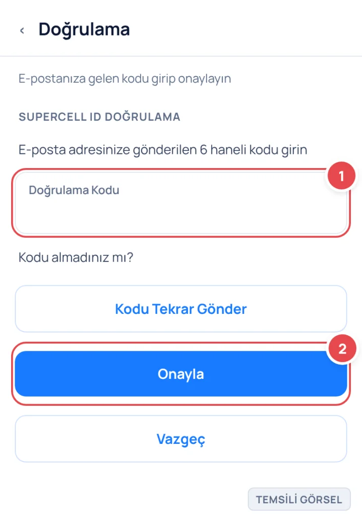 Temsili görsel: Supercell ID doğrulama ekranı; bir açıklama metni, 6 haneli kod giriş alanı, 'Kodu Tekrar Gönder' ikincil düğmesi ve 'Onayla' ana düğmesi ile 'Vazgeç' ikincil düğmesi bulunur; işaretli