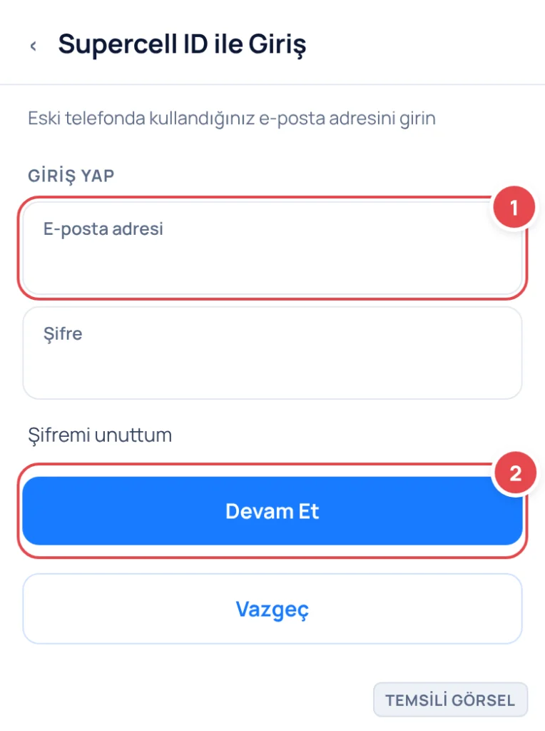 Temsili görsel: Supercell ID giriş ekranı; e-posta giriş kutusu ve devam butonu görünüyor; işaretli: 1. E-posta adresi giriş kutusu, 2. Devam Et butonu
