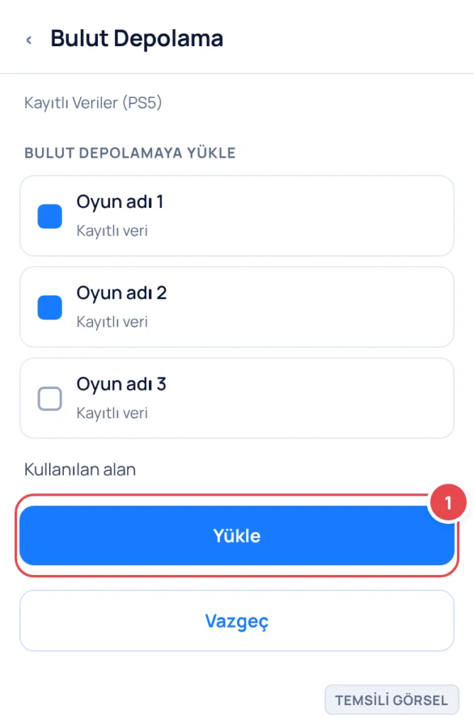 Temsili görsel: PS5 Bulut Depolama ekranı; listede oyun kayıtları ve yanlarında onay kutuları, altta Yükle düğmesi var; işaretli: 1. Yüklenecek oyun kaydı onay kutusu, 2. Yükle düğmesi