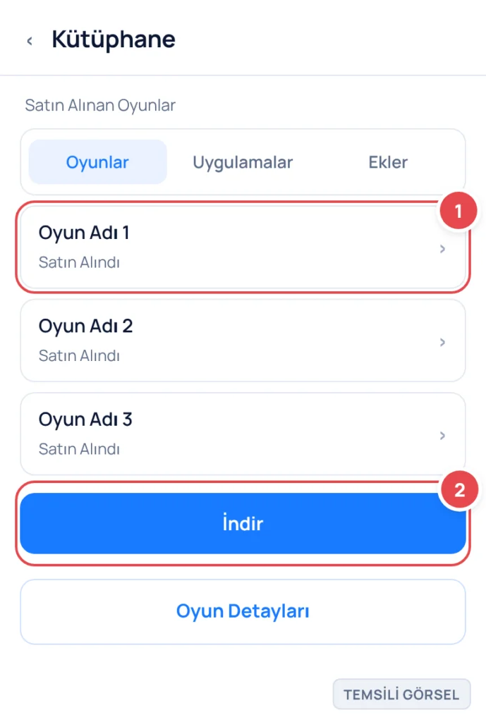 Temsili görsel: PlayStation 5 Kütüphane ekranı, Satın Alınan Oyunlar sekmesi; satın alınmış dijital oyunların listesi ve bir indir butonu görünüyor; işaretli: 1. Listeden seçilen oyun satırı, 2. İndir
