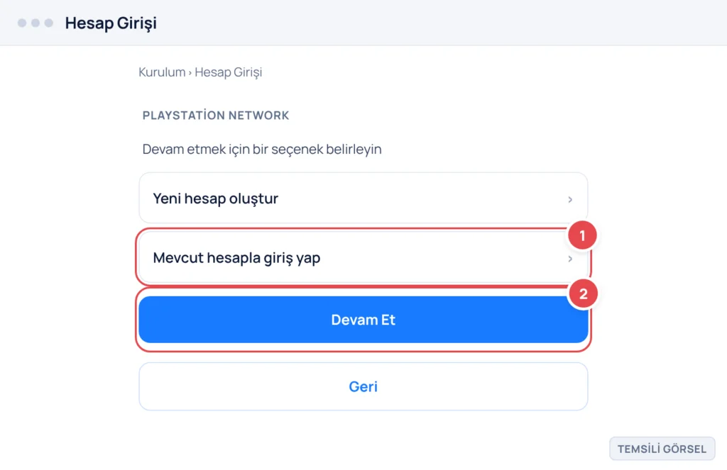 Temsili görsel: PlayStation 5 kurulum ekranında Hesap Girişi sayfası; 'Yeni hesap oluştur' ve 'Mevcut hesapla giriş yap' seçenekleri listelenmiş, altında Devam Et ve Geri düğmeleri bulunuyor; işaretli
