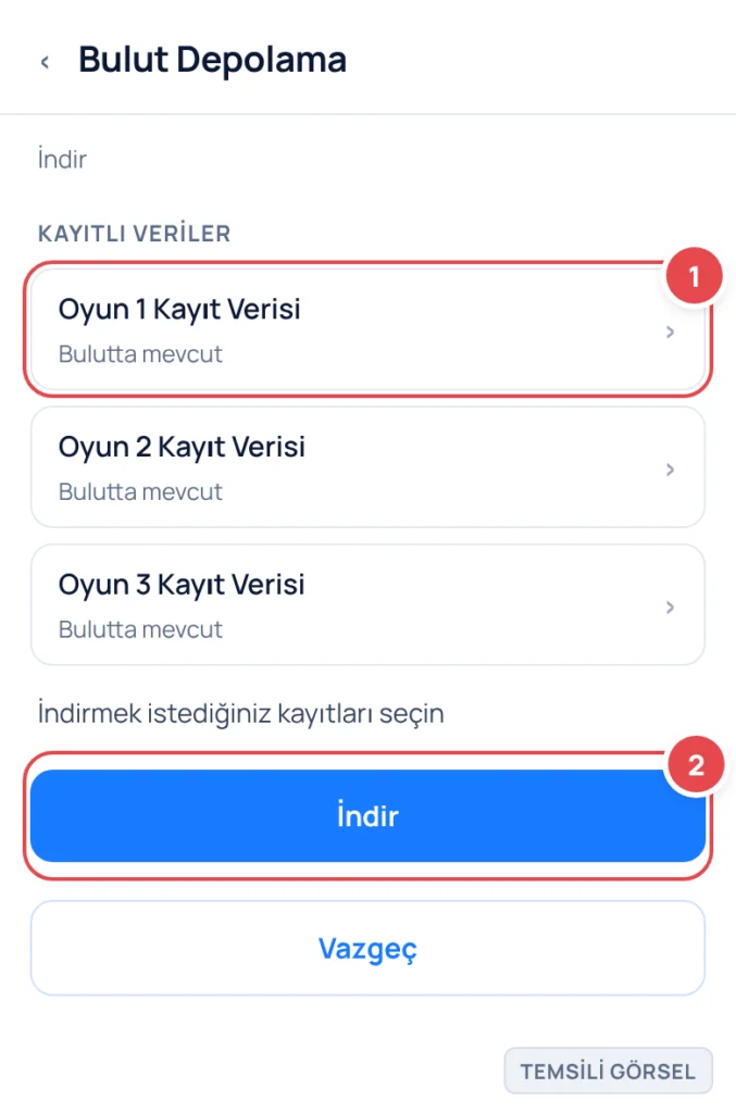 Temsili görsel: PS5 Bulut Depolama İndir ekranı; listede oyun kayıt verileri ve İndir düğmesi görünüyor; işaretli: 1. İlk kayıt verisi satırı, 2. İndir düğmesi