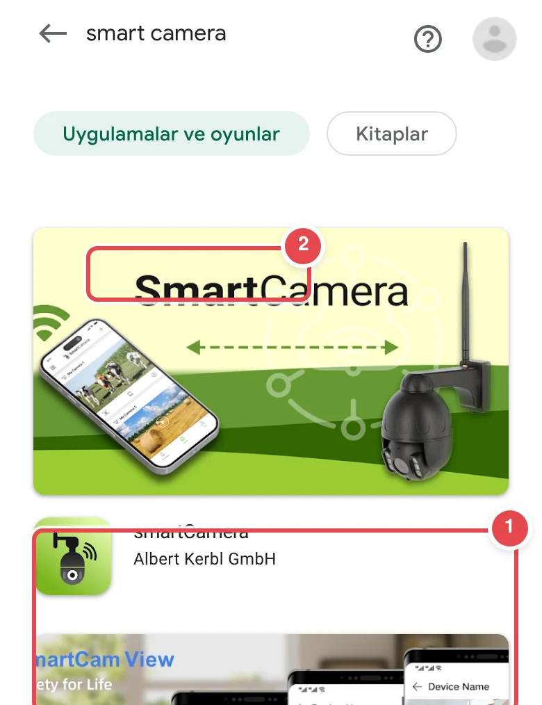 Görselde Google Play Store'da 'smart camera' aramasının sonuçları gösteriliyor; smartCamera ve SmartCam View uygulamaları listelenmiş ancak indir butonları görünmüyor, sadece uygulama kartları yer alı