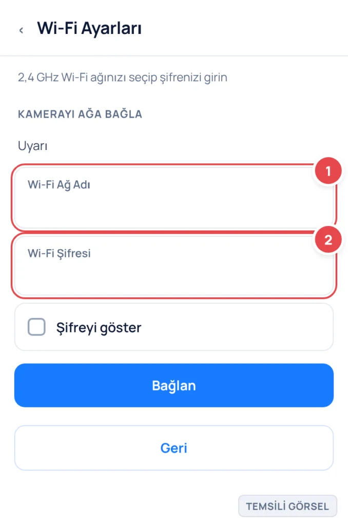 Temsili görsel: Wi-Fi Ayarları ekranı; ağ adı ve şifre giriş alanları, 2,4 GHz uyarı metni ve Bağlan düğmesi görünüyor; işaretli: 1. Wi-Fi Ağ Adı giriş alanı, 2. Wi-Fi Şifresi giriş alanı