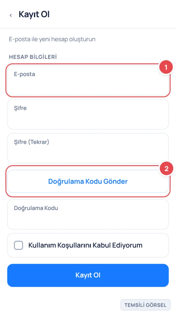 Temsili görsel: E-posta ile kayıt ol ekranı; işaretli: 1. E-posta giriş alanı, 2. Doğrulama Kodu Gönder düğmesi
