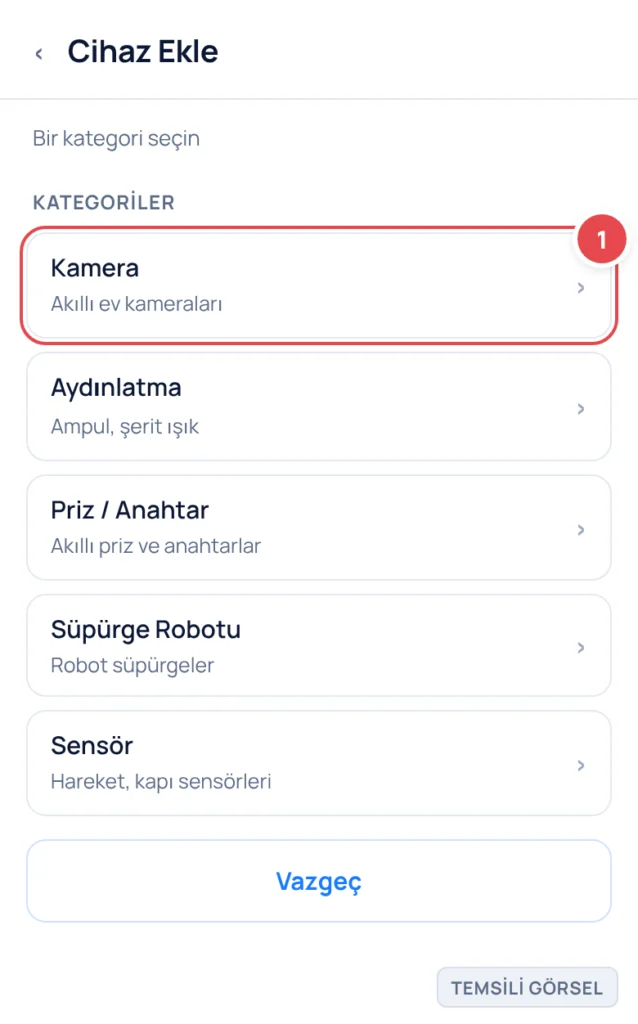 Temsili görsel: Cihaz ekleme ekranı, kategori listesi gösteriliyor; işaretli: 1. Kamera kategorisi satırı