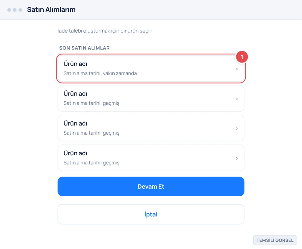Temsili görsel: Steam Destek Satın Alımlarım ekranı; birkaç satın alınan ürünün listelendiği sayfa, listede ürün adı ve satın alma tarihi bilgileri var; işaretli: 1. İade edilecek ürünün bulunduğu sat