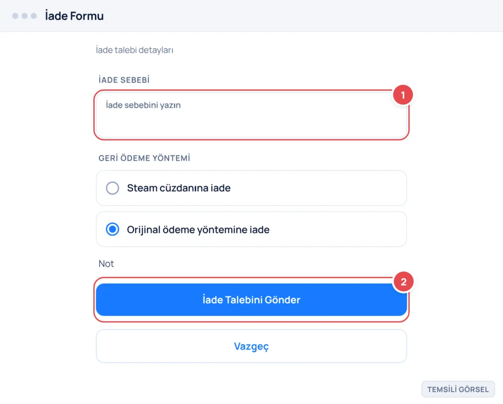 Temsili görsel: Steam Destek İade Formu ekranı; işaretli: 1. İade sebebini yazın kutusu, 2. İade Talebini Gönder düğmesi