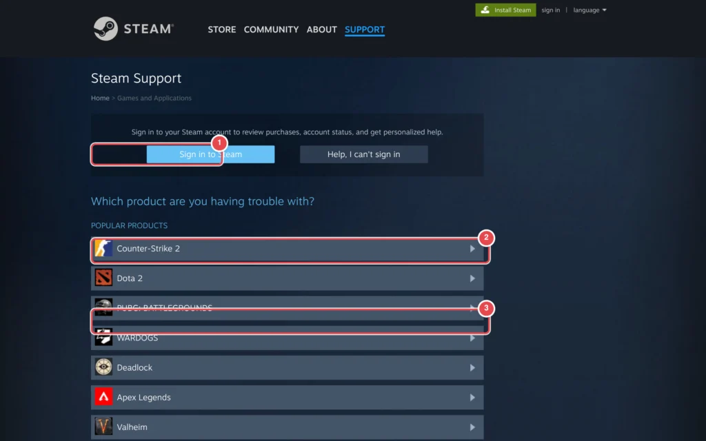 Görselde Steam Destek sayfasında 'Hangi ürünle ilgili sorun yaşıyorsunuz?' başlığı altında popüler oyunların listelendiği ekran var; iade seçeneği görünmüyor, sadece oyun seçim listesi mevcut. işaretl