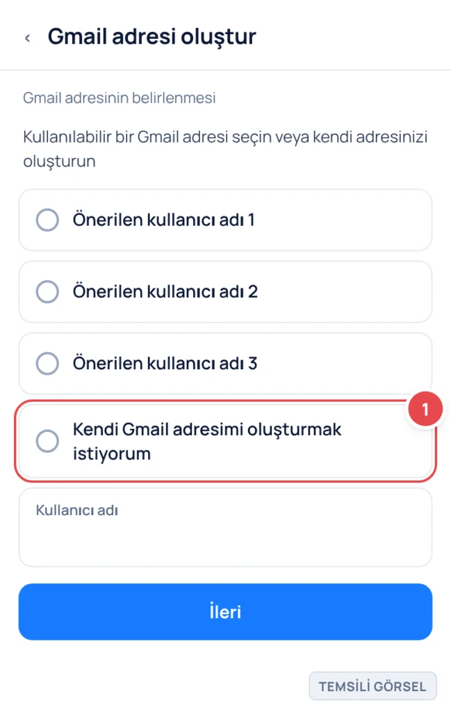 Temsili görsel: Gmail adresi seçim ekranı; üstte açıklama metni, altında önerilen kullanıcı adlarından oluşan radyo düğmesi listesi, ardından kendi adresini oluşturma seçeneği ve kullanıcı adı giriş a