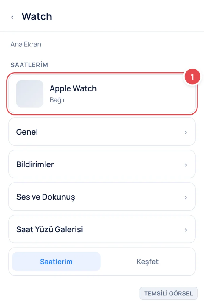 Temsili görsel: iPhone üzerinde Watch uygulaması Ana Ekranı; üstte eşleştirilmiş Apple Watch kartı görünüyor, altında Genel, Bildirimler, Ses ve Dokunuş, Saat Yüzü Galerisi satırları ve alt sekmelerde