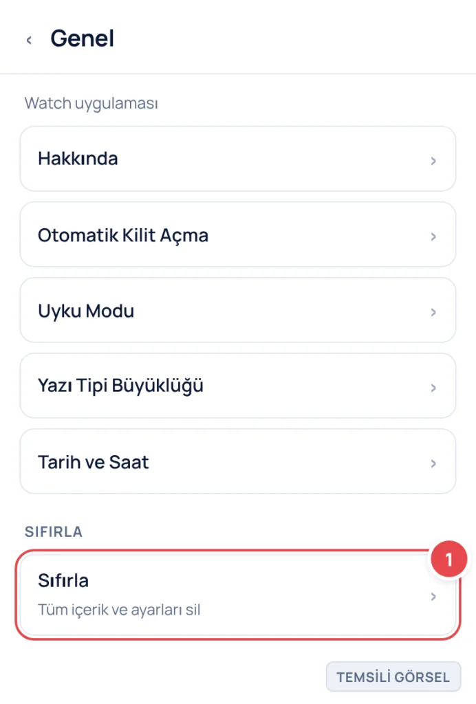 Temsili görsel: iPhone'da Watch uygulaması Genel ekranı; liste halinde Hakkında, Otomatik Kilit Açma, Uyku Modu, Yazı Tipi Büyüklüğü, Tarih ve Saat satırları ve altında Sıfırla başlıklı bölümde 'Sıfır