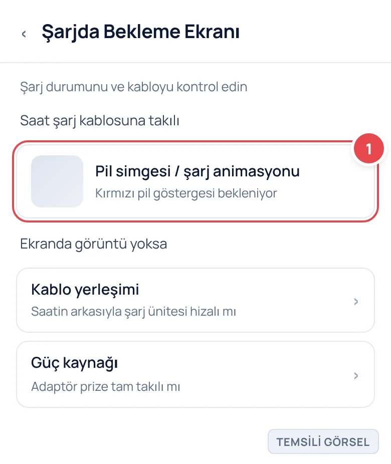 Temsili görsel: Apple Watch şarjda bekleme ekranı; saat şarj kablosuna takılı şekilde gösteriliyor, ekranın ortasında kırmızı pil simgesi veya şarj animasyonu yer alıyor; işaretli: 1. Pil simgesi / şa
