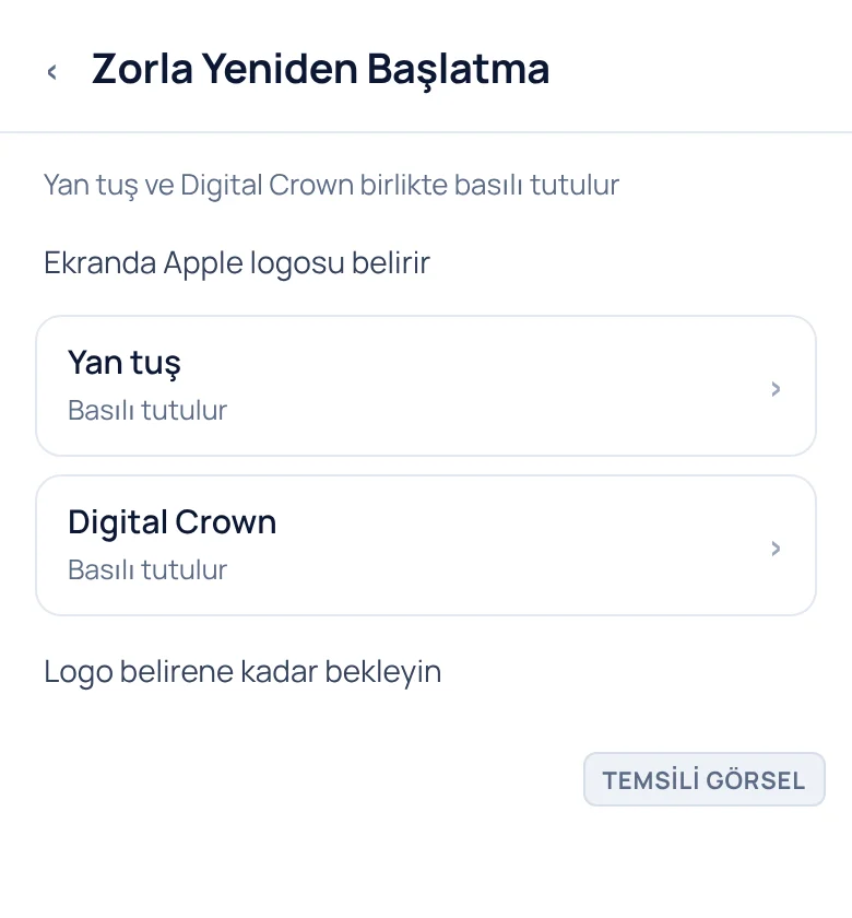 Temsili görsel: Apple Watch ekranında zorla yeniden başlatma sırasında beliren Apple logosu çekimi; işaretli: 1. Yan tuş, 2. Digital Crown