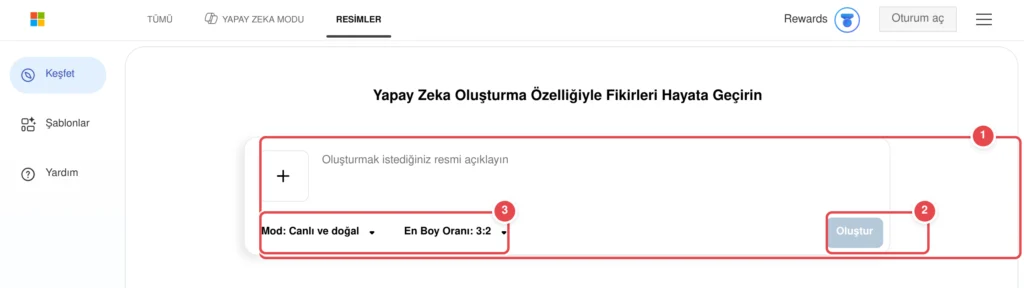 Görselde Bing Yapay Zeka Görsel Oluşturma ana sayfası var; prompt yazma kutusu, mod/en-boy oranı seçenekleri ve Oluştur butonu görünüyor, altında hazır AI şablonları listeleniyor. İşaretli: 1. Prompt