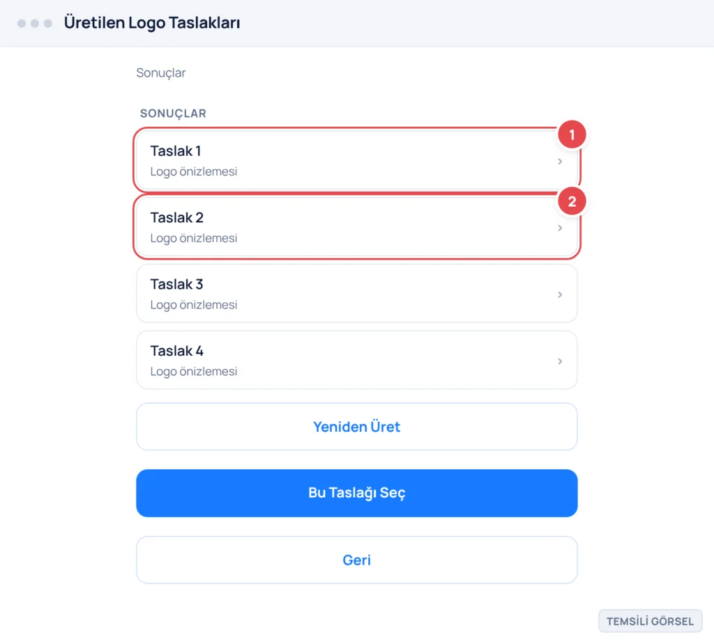 Temsili görsel: Üretilen Logo Taslakları sonuç ekranı; yan yana dört logo taslağı kartı, altında Yeniden Üret ve Bu Taslağı Seç düğmeleri yer alır; işaretli: 1. Taslak 1 kartı, 2. Taslak 2 kartı