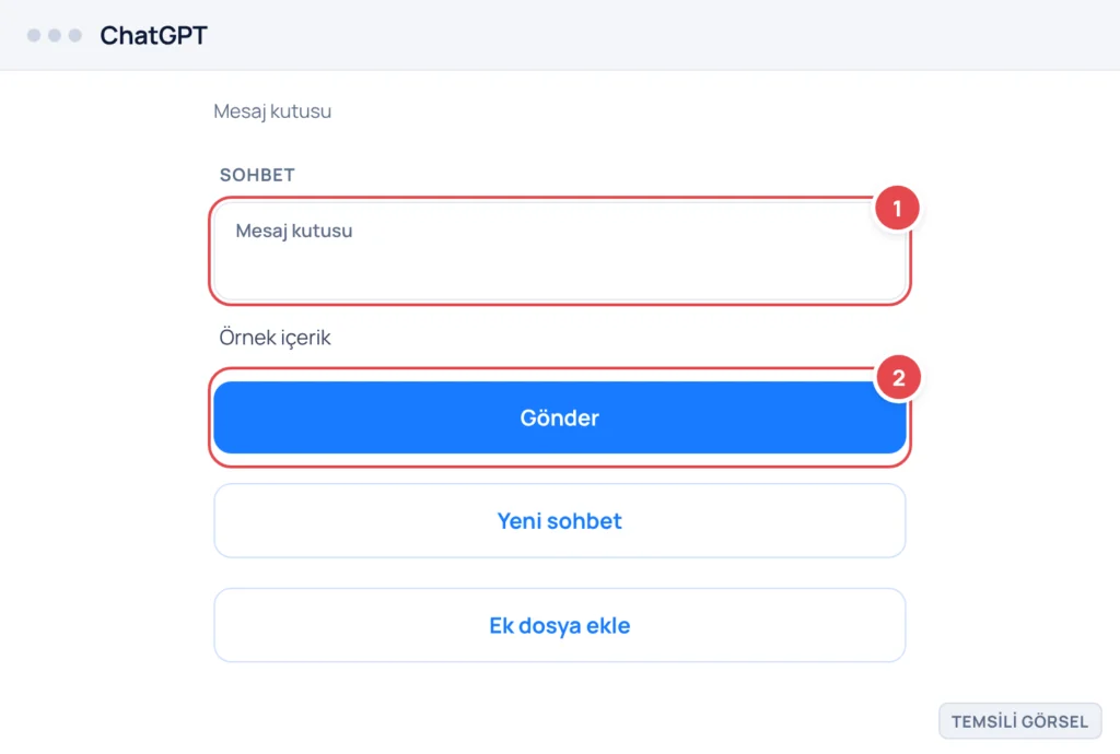 Temsili görsel: ChatGPT web sohbet ekranı; alt kısımda mesaj kutusuna konu, hedef kitle, platform ve ton bilgilerini içeren örnek bir yönerge metni yazılmış, yanında Gönder düğmesi bulunuyor; işaretli