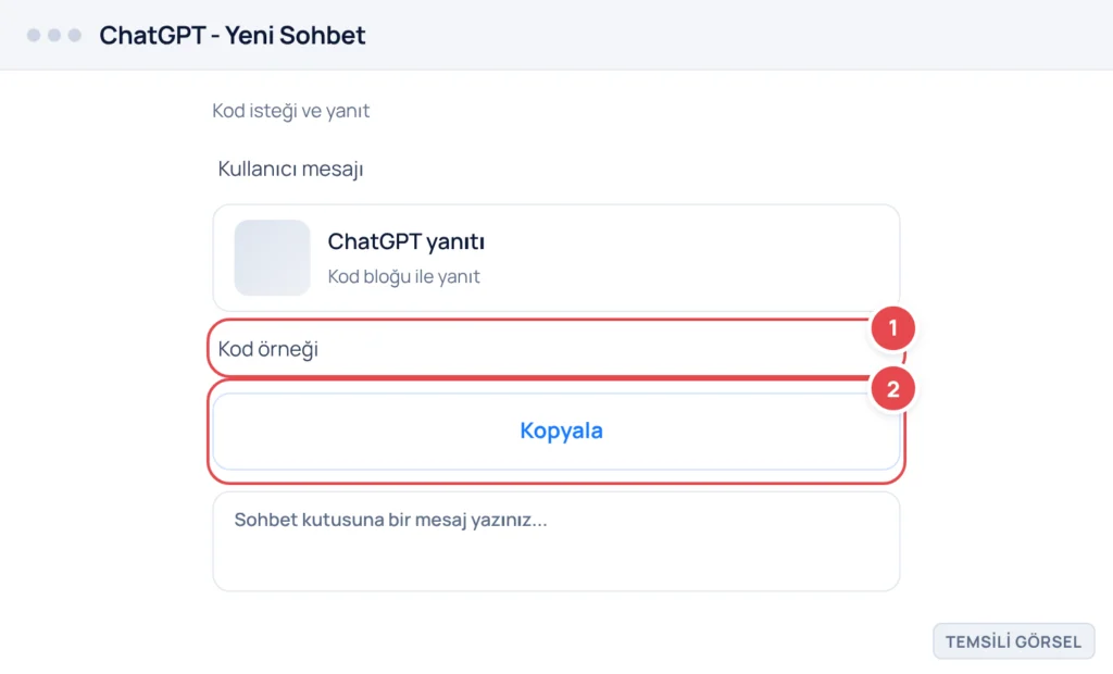 Temsili görsel: ChatGPT web arayüzü; yeni sohbet ekranı. Üstte kullanıcı mesajı 'Python'da bir liste içindeki çift sayıları filtreleyen fonksiyon yaz' yazılı. Altında ChatGPT'nin kod bloğu içeren yanı