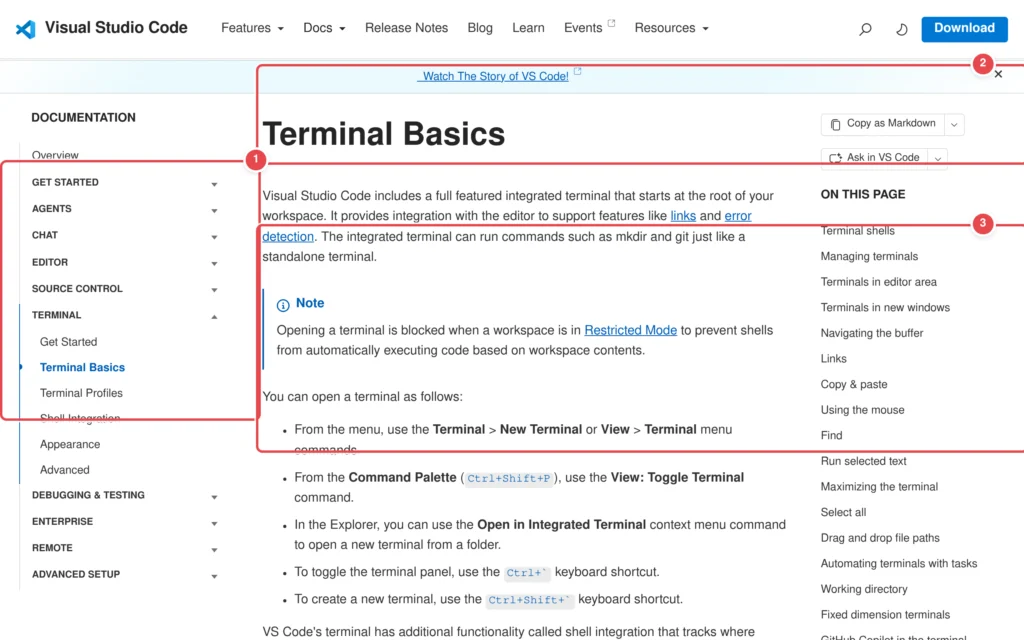 Türkçe: Visual Studio Code'un Terminal Basics dokümantasyon sayfası. İşaretli: 1. Sol sidebar - TERMINAL bölümü ve alt seçenekleri (Get Started, Terminal Basics, Terminal Profiles vb.); 2. Ana başlık