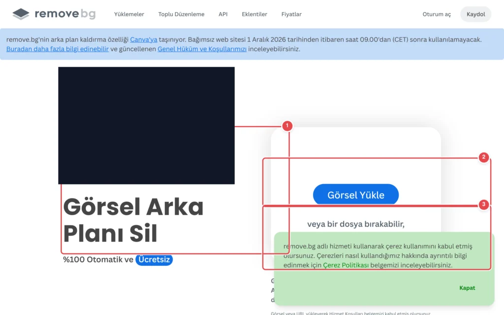 Türkçe: remove.bg arka plan kaldırma aracının ana sayfası. Soldaki resimde, arka planı kaldırılmış şekilde bitki tutan bir kadın gösteriliyor. Sağda 'Görsel Yükle' mavi butonu ve dosya yükleme açıklam