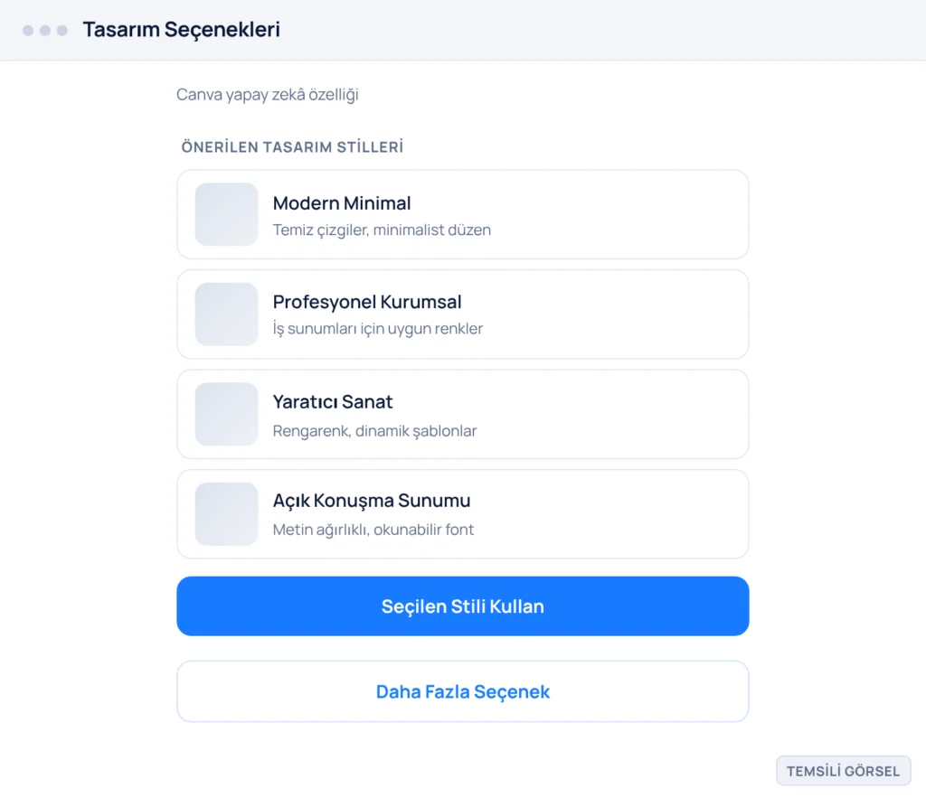 Temsili görsel: Canva tasarım seçenekleri ekranı; dört farklı sunum stili yan yana kartlar halinde görünür (Modern Minimal, Profesyonel Kurumsal, Yaratıcı Sanat, Açık Konuşma Sunumu). İşaretli: 1. Mod
