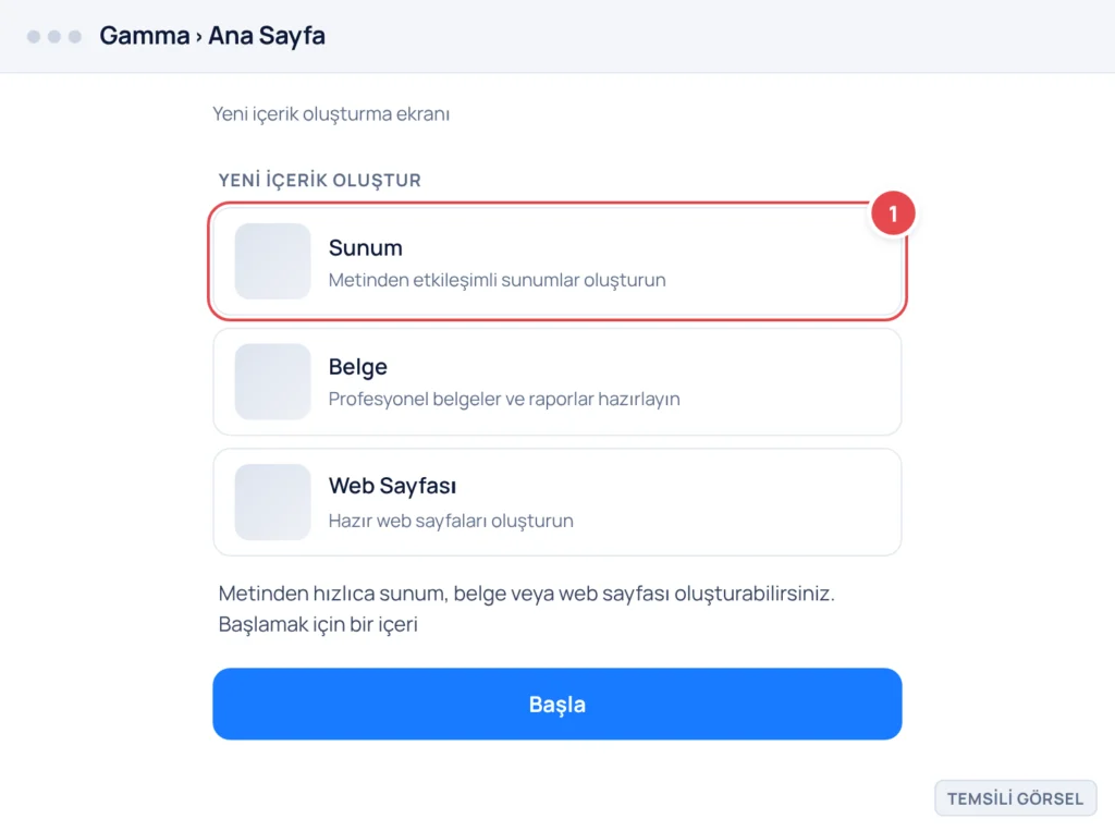 Temsili görsel: Gamma web uygulaması ana sayfası; 'Yeni İçerik Oluştur' başlığı altında 'Sunum', 'Belge', 'Web Sayfası' seçenekleri kartlar biçiminde düzenli olarak sıralanmış; işaretli: 1. Sunum kart