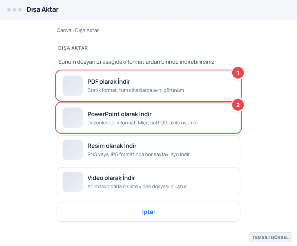 Temsili görsel: Canva dışa aktarma menüsü ekranı; işaretli: 1. PDF olarak İndir ve 2. PowerPoint olarak İndir seçenekleri