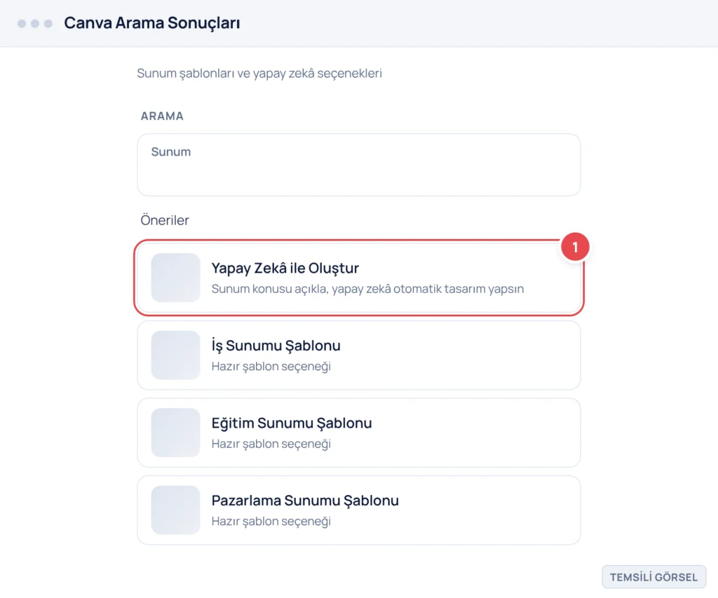 Temsili görsel: Canva Arama ekranı; Arama çubuğunda 'Sunum' metni; işaretli: 1. 'Yapay Zekâ ile Oluştur' kartı vurgulanmış, sunum yapay zekâ seçeneğine erişim gösterilmekte.