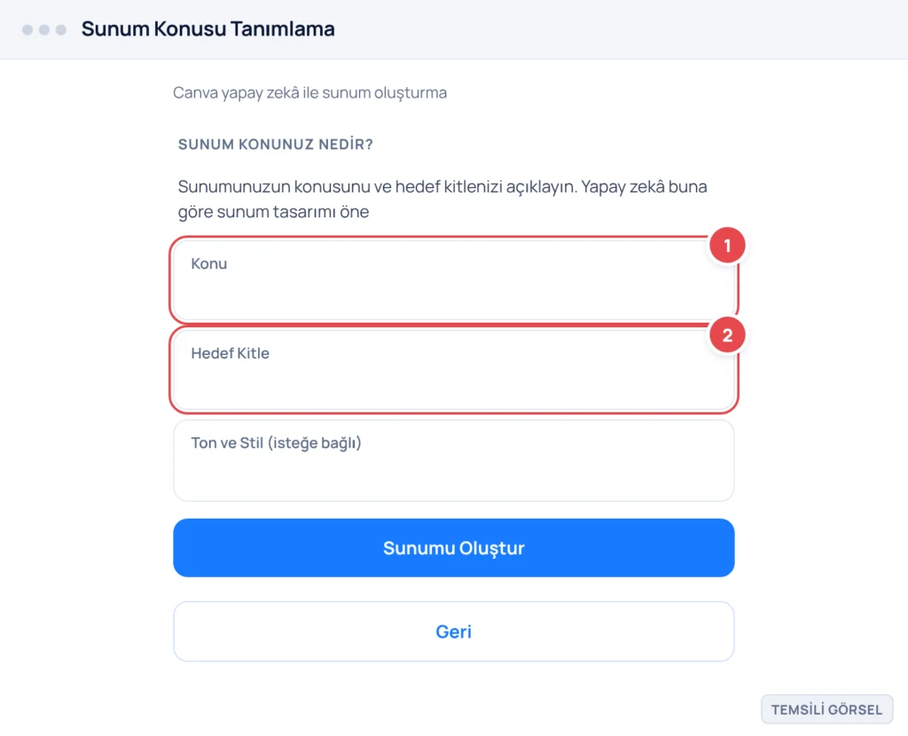 Temsili görsel: Canva sunum konusu tanımlama ekranı; işaretli: 1. Konu metin kutusu, 2. Hedef Kitle metin kutusu