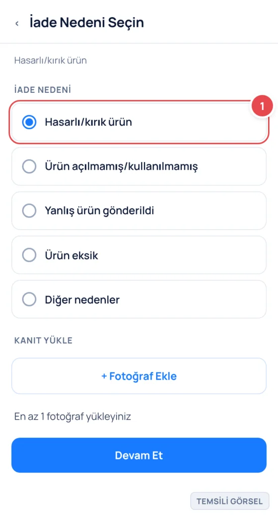 Temsili görsel: İade Nedeni Seçin ekranı; Android uygulaması; Sipariş Detayı › İade Talebi Oluştur yolu. İade nedeni seçenekleri listelenmiş (radio butonlar): Hasarlı/kırık ürün (işaretli ★), Ürün açı