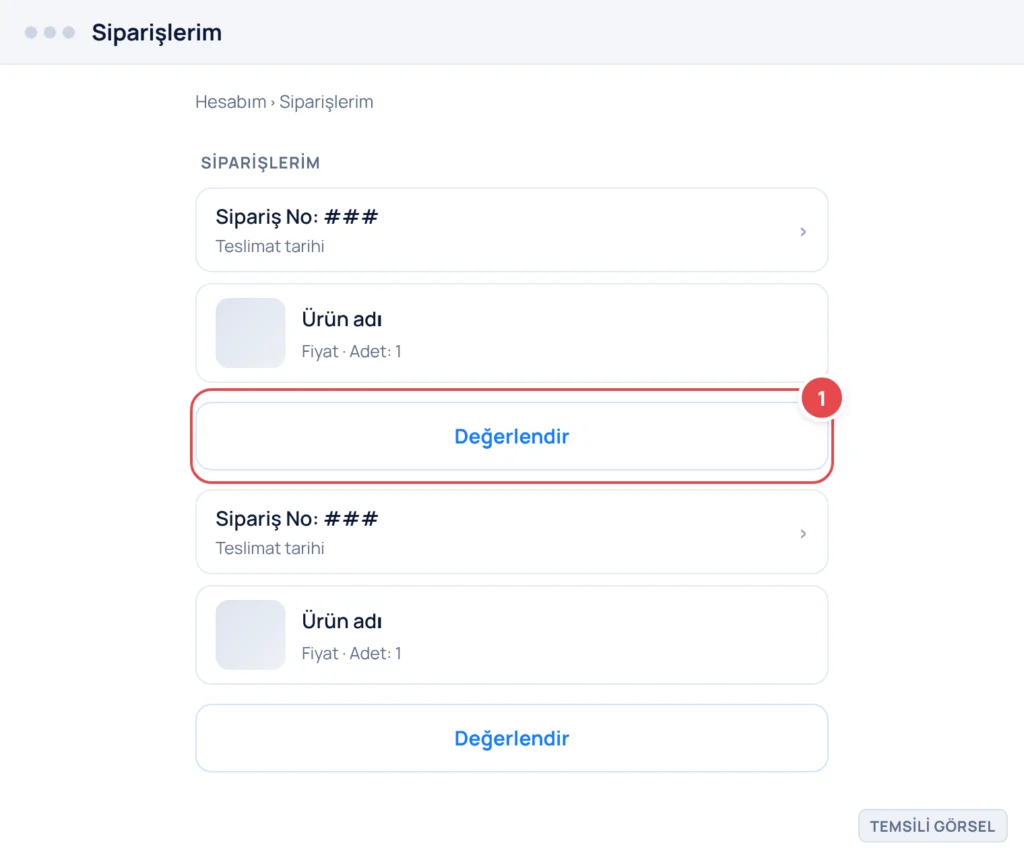 Temsili görsel: Trendyol web sitesinde Siparişlerim sayfası; sipariş listesinde her ürünün yanında 'Değerlendir' bağlantısı bulunur; işaretli: 1. Yorum yapılacak ürünün yanındaki Değerlendir bağlantıs