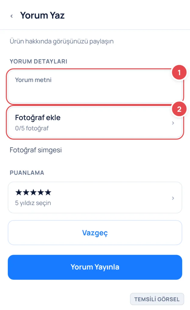 Temsili görsel: Trendyol mobil uygulamasının Yorum Yaz ekranı; işaretli: 1. Yorum metni yazılacak input alanı, 2. Fotoğraf ekle butonu
