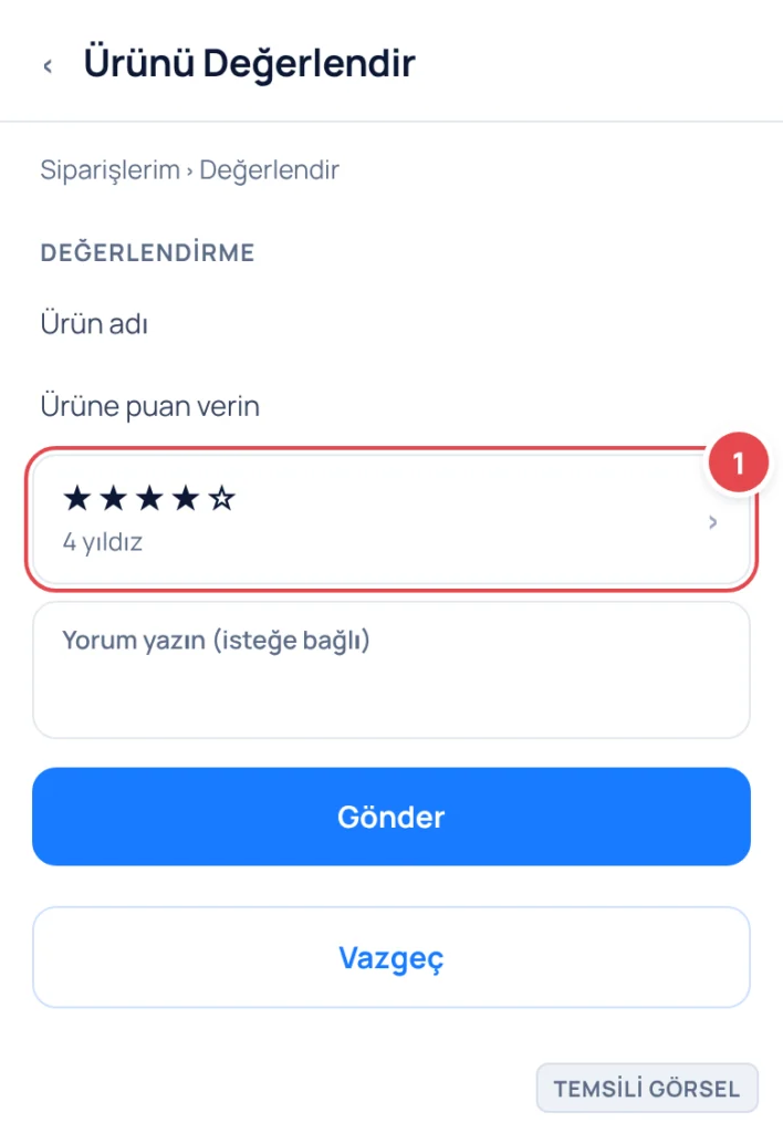 Temsili görsel: Trendyol Değerlendir ekranı; işaretli: 1. Yıldız puanlama seçeneği (4 yıldız seçili gösterilmiş)