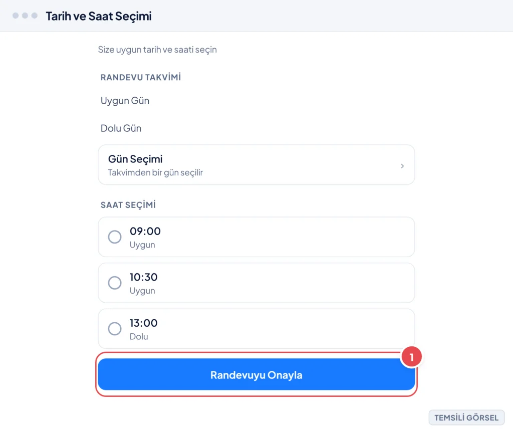 Temsili görsel: e-Devlet pasaport randevusu tarih ve saat seçim ekranı; takvimde boş ve dolu günler farklı renklerde gösteriliyor, alt kısımda saat seçenekleri listeleniyor; işaretli: 1. Uygun bir saa