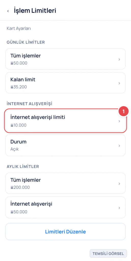 Temsili görsel: İşlem Limitleri ekranı; işaretli: 1. İnternet alışverişi limiti (₺10.000) — günlük ve aylık limitler, alışveriş durumu gösterilmektedir.