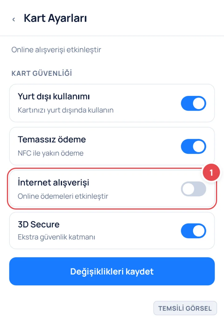 Temsili görsel: Kart Ayarları ekranı; işaretli: 1. İnternet alışverişi toggle'ı (kapalı durumda, açılması gerekiyor)