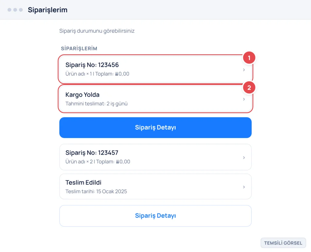 Temsili görsel: Hepsiburada web sitesinin Siparişlerim sayfası; işaretli: 1. Aktif siparişin satırı (Sipariş No ve ürün bilgisi), 2. Kargo durumu etiketi (Kargo Yolda), 3. Sipariş Detayı butonu