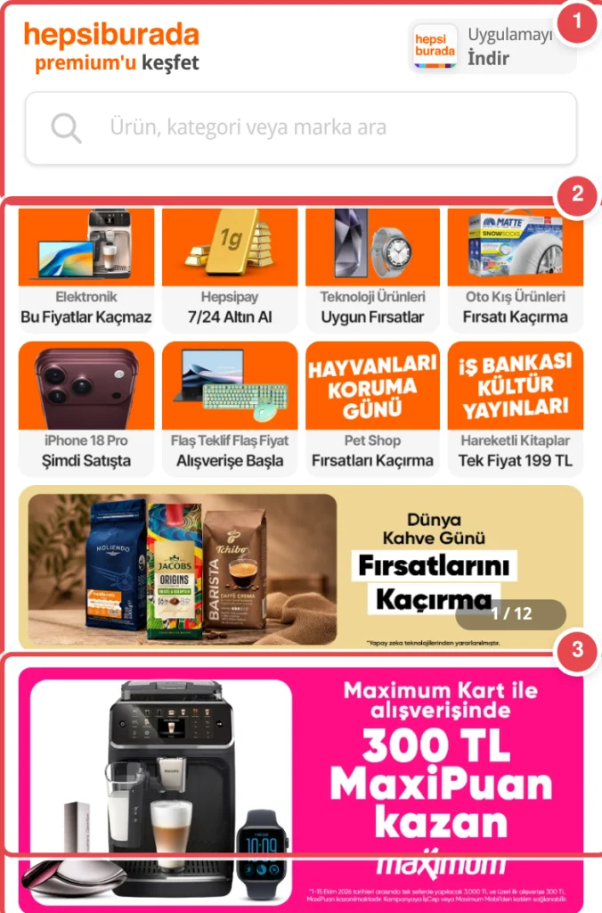 Türkçe: HepsiBurada ana sayfası - Premium keşfet başlığı, arama çubuğu, elektronik/hepsipay/teknoloji ürünleri/oto ürünleri kategorileri, iPhone 18 Pro, flaş teklifler, pet shop ve kültür yayınları ka