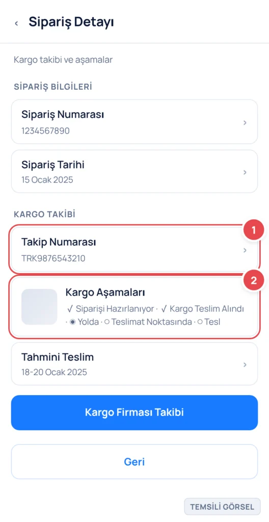 Temsili görsel: Hepsiburada Sipariş Detayı ekranı; işaretli: 1. Takip Numarası (TRK9876543210), 2. Kargo Aşamaları (Yolda durumunda gösterilmiş)