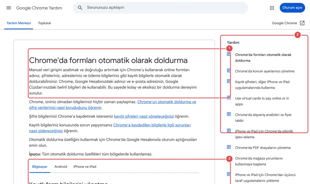Türkçe: Google Chrome Yardım sayfası - 'Chrome'da formları otomatik olarak doldurma' konusu. Ana metinde Chrome'un manuel veri girişini azaltmak için otomatik doldurma özelliğini nasıl kullandığı anla