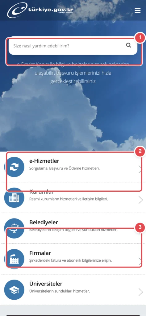 Türkiye resmi e-devlet portalı (turkiye.gov.tr) ana sayfası. Bulutlu gök mavi arka plan, üst kısımda arama kutusu ('Size nasıl yardım edebilirim?'), ortada e-Devlet Kapısı açıklaması. Alttaki menü öğe