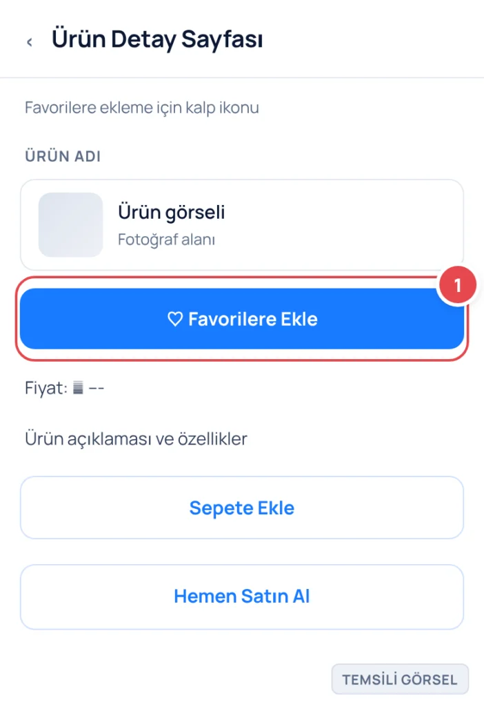 Temsili görsel: Trendyol ürün detay sayfası; işaretli: 1. Ürün fotoğrafının yanındaki boş kalp simgesi (Favorilere Ekle düğmesi)