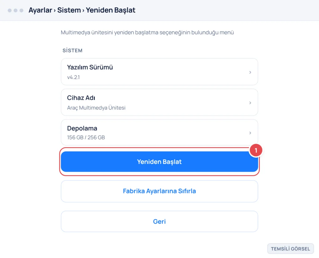 Temsili görsel: Araç multimedya ekranı Ayarlar › Sistem sayfası; işaretli: 1. Yeniden Başlat düğmesi — multimedya ünitesini yeniden başlatmak için dokunulacak ana eylem.