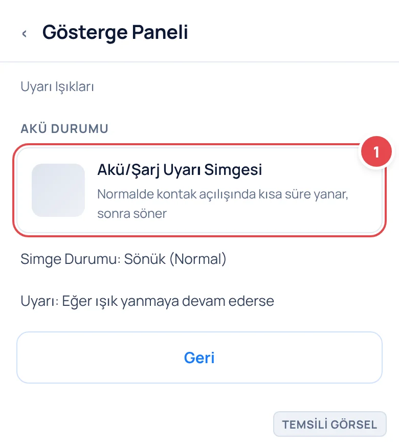 Temsili görsel: Araç gösterge paneli uyarı ışıkları ekranı; akü/şarj simgesi (pil şeklinde) net görünür, sönük (gri/siyah) durumda gösterilmiş; işaretli: akü simgesinin konumu