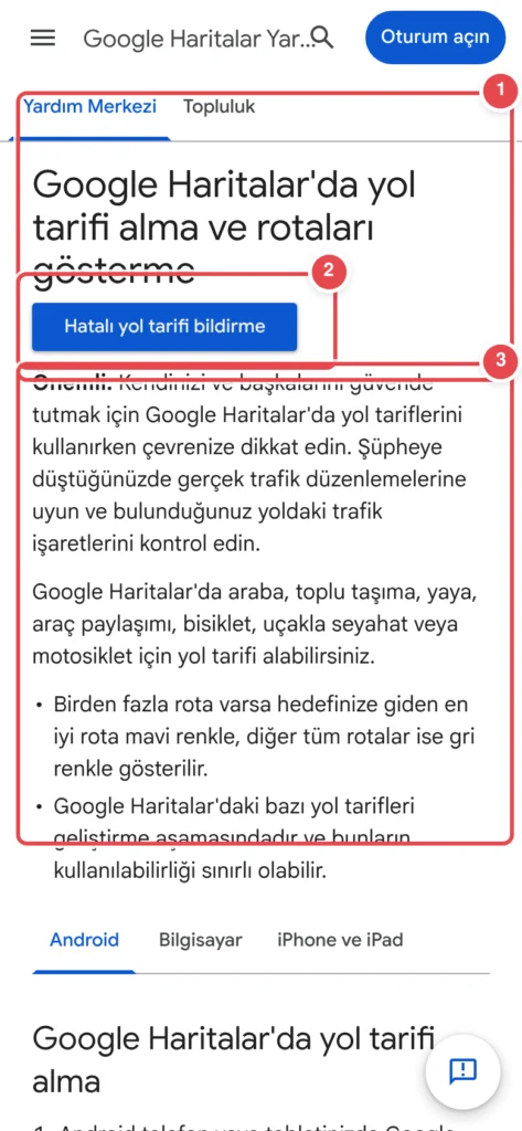 Türkçe: Google Haritalar yol tarifi bildirme ve rota gösterme sayfası. Üstte arama çubuğu, 'Yardım Merkezi' ve 'Topluluk' sekmesi. Ana başlık altında mavi 'Hatâlı yol tarifi bildirme' butonu, ardından